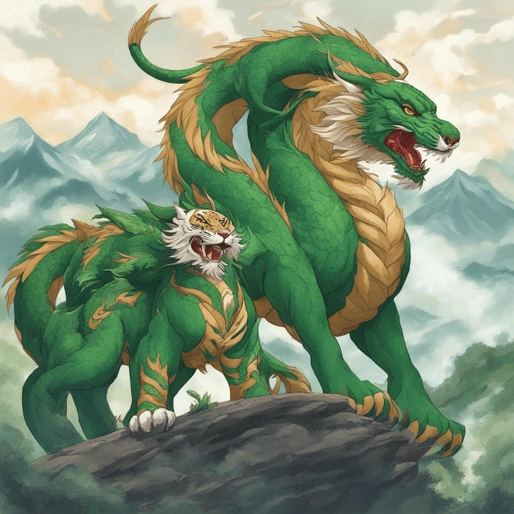 two characters - the Green Chinese Dragon, the Ussuri tiger. Against the background of the forest, mountains and sky, detailed image, 30k, full time