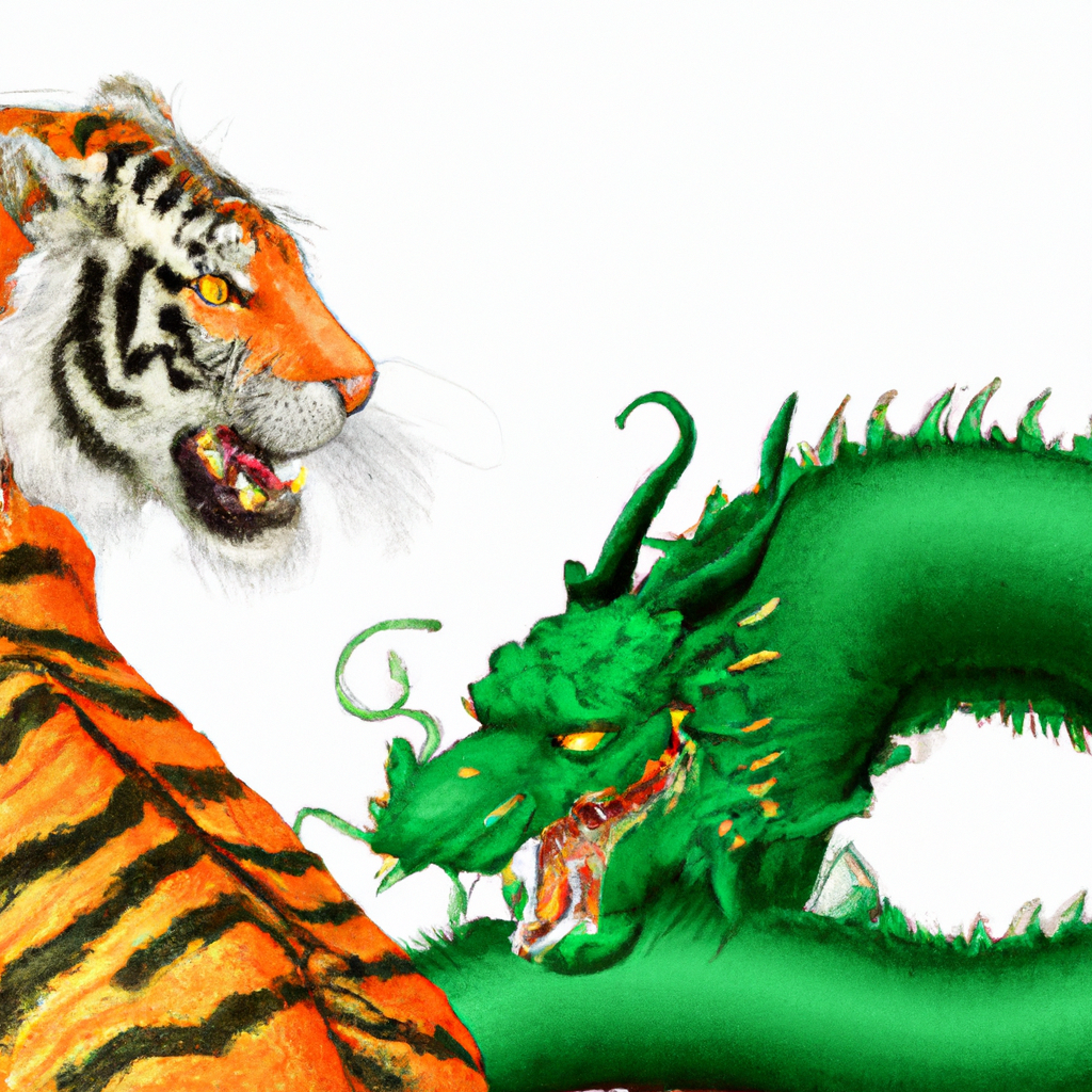 Realistic image of the Ussuri tiger and the green Chinese dragon. The background should be white and minimalistic. detailed image.