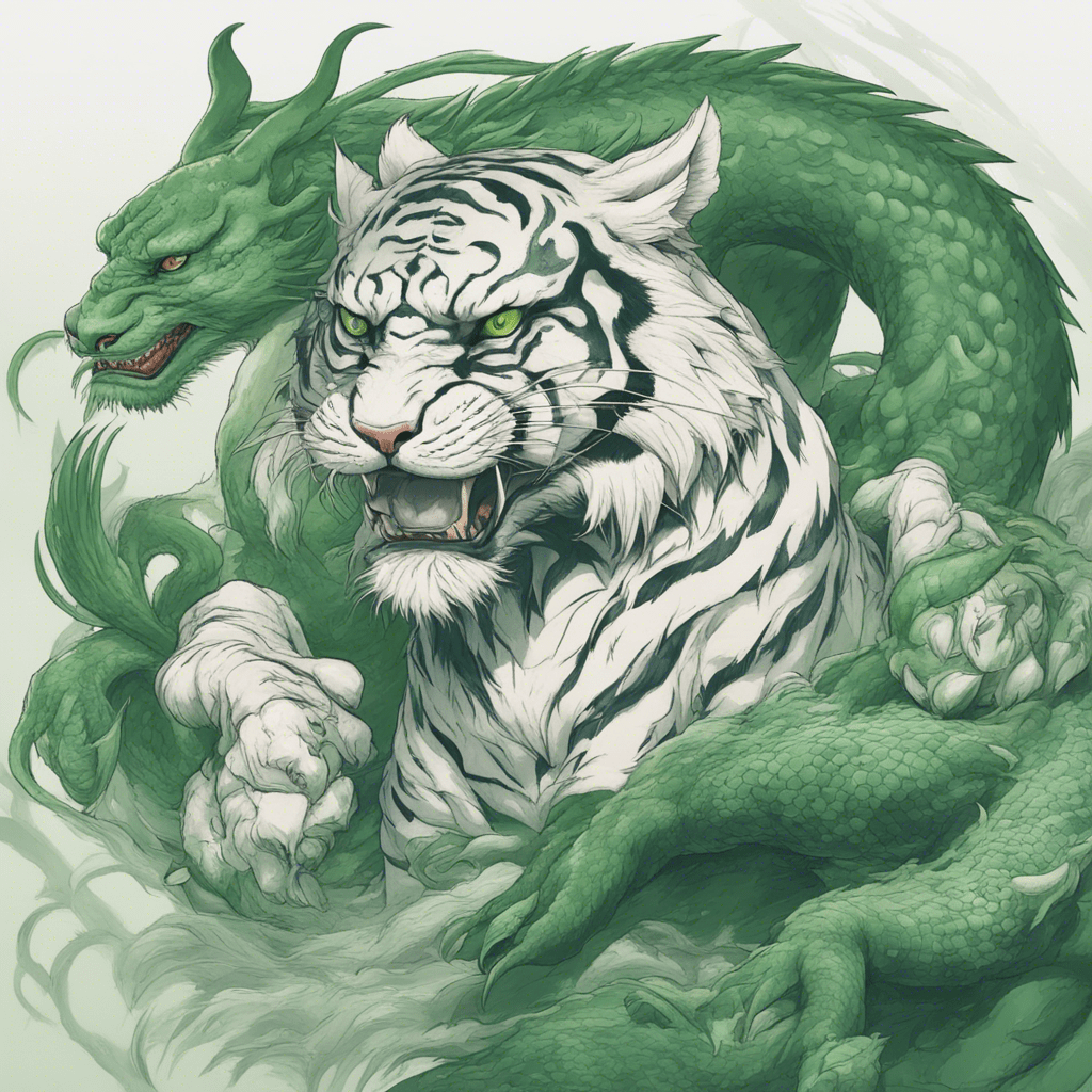 Realistic image of the Ussuri tiger and the green Chinese dragon. The background should be white and minimalistic. detailed image.