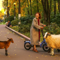 Женщина - коза и женщина с собачкой за пазухой катятся на электросамокатах по Останкинскому парку